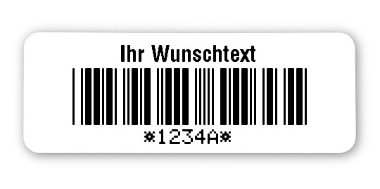 Textiletiketten Material:Patch Größe:40x15mm Kopfzeile:"Ihr Wunschtext" Barcode:Code 39 mit Prüfziffer Stellenanzahl:5-stellig Ausführung:1 Etikette pro Nummer Menge:100
