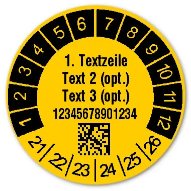Produktbild:Prüfetiketten Material:Folie gelb Größe:Ø 30mm Kopfzeile:"Ihr Wunschtext" Barcode:DataMatrix Stellenanzahl:14-stellig Ausführung:1 Etikett pro Nummer Etiketten je Rolle:1000