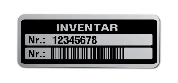 Inventaretiketten Material:Polyester-Folie Silberoptik matt Größe:40x15mm Kopfzeile:"Inventar" Barcode:128B Stellenanzahl:8-stellig Menge:1000