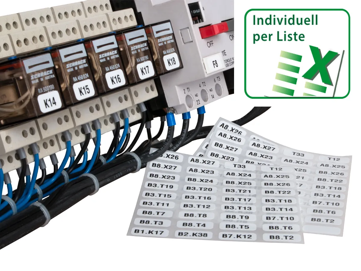 Anwendung: Schaltschrank Etiketten Material:Folie weiß Größe:18x8mm Vorgabeliste:Mit Vorgabeliste Schriftart:Classic Stellenanzahl:ohne Ausführung:1 Etikett pro Nummer Etiketten je Rolle:100