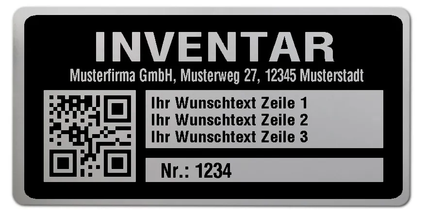 Inventaretiketten Material:Polyester-Folie Silberoptik matt Größe:68x34mm Kopfzeile:"Ihr Wunschtext" Barcode:QR Stellenanzahl:4-stellig Menge:100