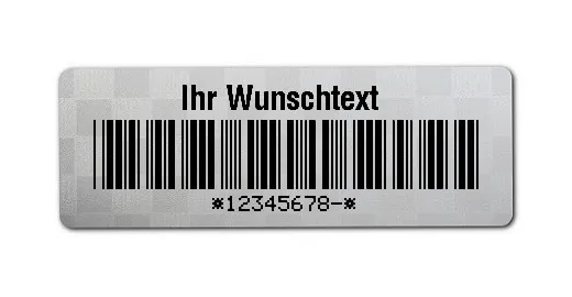 Universaletiketten Material:Siegeletikett Größe:36x13mm Kopfzeile:"Ihr Wunschtext" Barcode:Code 39 mit Prüfziffer Stellenanzahl:9-stellig Ausführung:2 Etiketten pro Nummer Etiketten je Rolle:1000