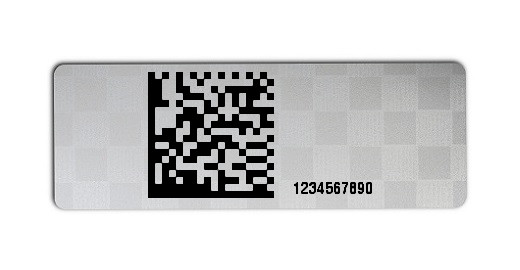 Universaletiketten Material:Polyester-Folie Silberoptik Siegeletikette Größe:36x13mm Kopfzeile:"ohne" Barcode:DataMatrix Stellenanzahl:10-stellig Ausführung:1 Etikette pro Nummer Menge:100