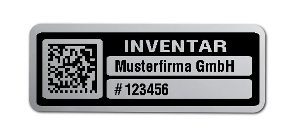 Inventaretiketten Material:Polyester-Folie Silberoptik matt Größe:40x15mm Kopfzeile:"Ihr Wunschtext" Barcode:DataMatrix Stellenanzahl:6-stellig Menge:500