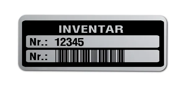 Inventaretiketten Material:Polyester-Folie Silberoptik matt Größe:40x15mm Kopfzeile:"Inventar" Barcode:Code 39 ohne Prüfziffer Stellenanzahl:5-stellig Menge:100