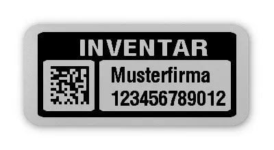 Inventaretiketten Material:Polyester-Folie Silberoptik matt Größe:26x12mm Kopfzeile:"Ihr Wunschtext" Barcode:DataMatrix Stellenanzahl:12-stellig Menge:100