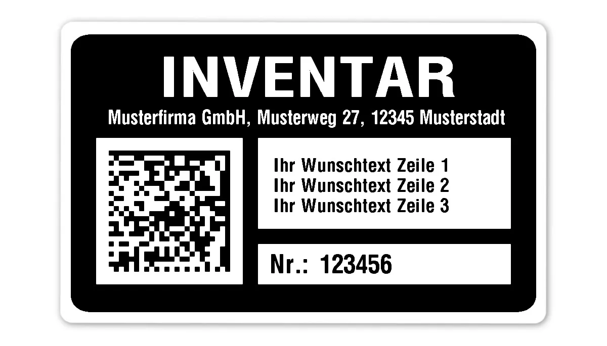Inventaretiketten Material:Polyethylen-Folie hochglänzend weiß Größe:80x50mm Kopfzeile:"Ihr Wunschtext" Barcode:DataMatrix Stellenanzahl:6-stellig Menge:1000
