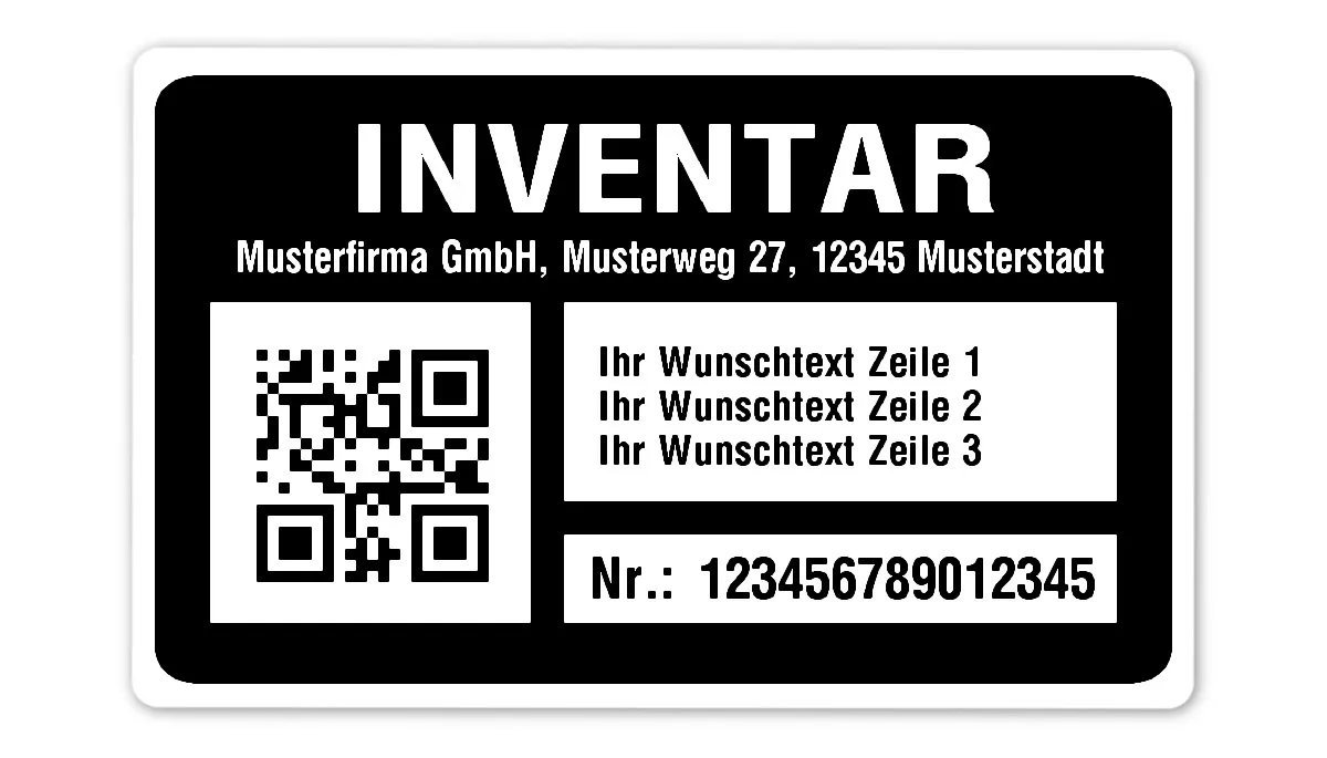 Inventaretiketten Material:Polyethylen-Folie hochglänzend weiß Größe:80x50mm Kopfzeile:"Ihr Wunschtext" Barcode:QR Stellenanzahl:15-stellig Menge:1000