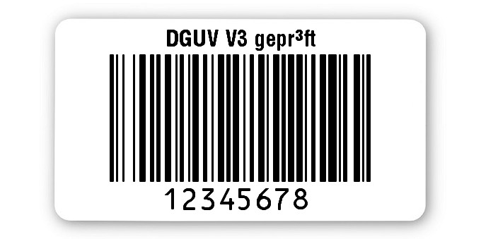1000x Prüfetiketten Folie weiß, 45x25mm, 128B 8-stellig ff, DGUV V3 geprüft, 1 Etikett pro Nummer