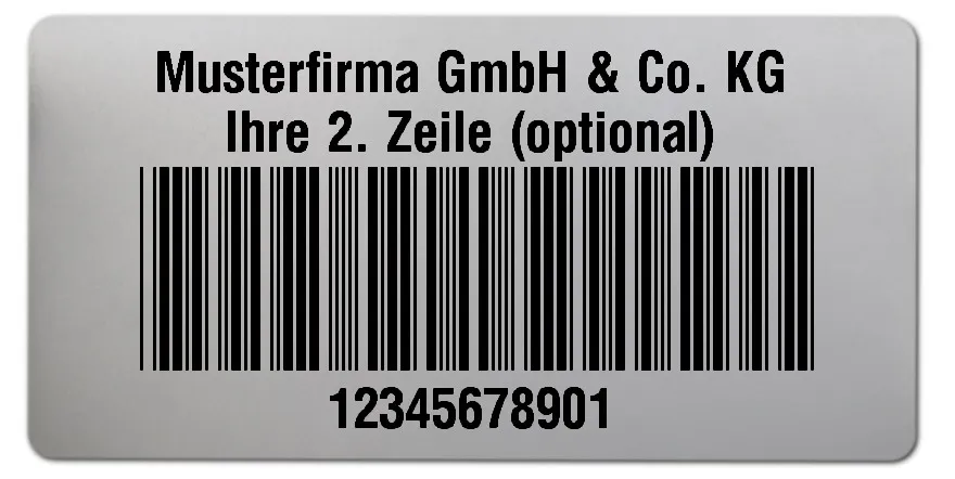 Universaletiketten Material:Polyester-Folie Silberoptik matt Größe:68x34mm Kopfzeile:"Ihr Wunschtext" Barcode:Code 39 ohne Prüfziffer Stellenanzahl:11-stellig Ausführung:1 Etikette pro Nummer Menge:1000