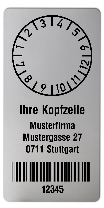 300x Prüfplaketten Folie silber, 68x34mm, 5-stellig ff, Ihr Wunschtext, 1 Etikett pro Nummer