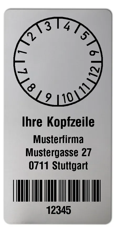 Prüfplakettenträger Material:Polyester-Folie Silberoptik matt Größe:68x34mm Kopfzeile:"Ihr Wunschtext" Barcode:Code 39 ohne Prüfziffer Stellenanzahl:5-stellig Ausführung:1 Etikette pro Nummer Menge:300