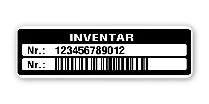 Inventaretiketten Material:Polyethylen-Folie hochglänzend weiß Größe:50x15mm Kopfzeile:"Inventar" Barcode:128C Stellenanzahl:12-stellig Menge:500