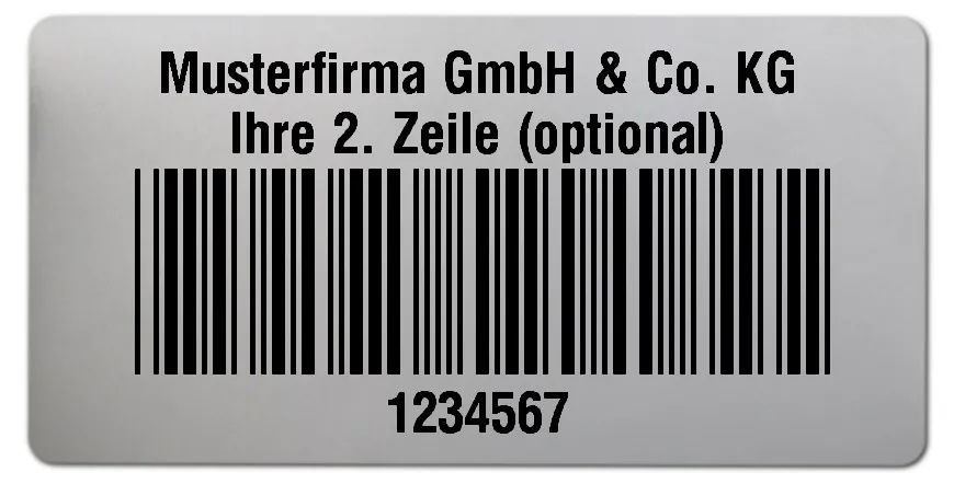 Universaletiketten Material:Polyester-Folie Silberoptik matt Größe:68x34mm Kopfzeile:"Ihr Wunschtext" Barcode:Code 39 ohne Prüfziffer Stellenanzahl:7-stellig Ausführung:1 Etikette pro Nummer Menge:1000