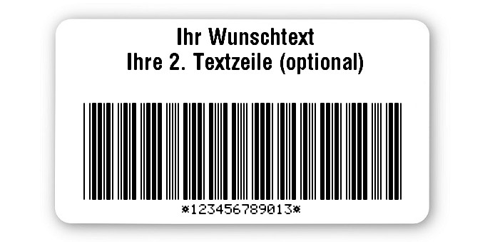 1000x Etiketten Folie weiß, 45x25mm, Code 39 mit Prüfziffer 12-stellig ff, Ihr Wunschtext, 2 Etiketten pro Nummer