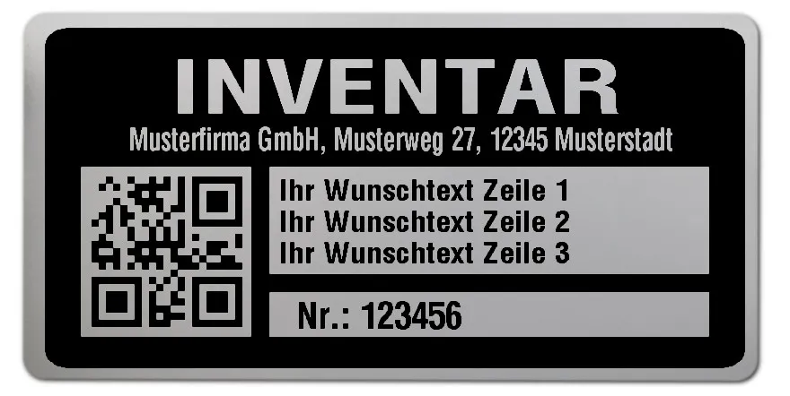 Inventaretiketten Material:Polyester-Folie Silberoptik matt Größe:68x34mm Kopfzeile:"Ihr Wunschtext" Barcode:QR Stellenanzahl:6-stellig Menge:1000