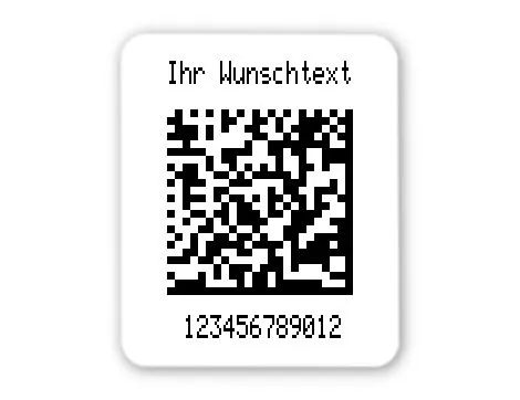 Universaletiketten Material:Polyethylen-Folie hochglänzend weiß Größe:26x22mm Kopfzeile:"Ihr Wunschtext" Barcode:DataMatrix Stellenanzahl:12-stellig Ausführung:1 Etikette pro Nummer Menge:500