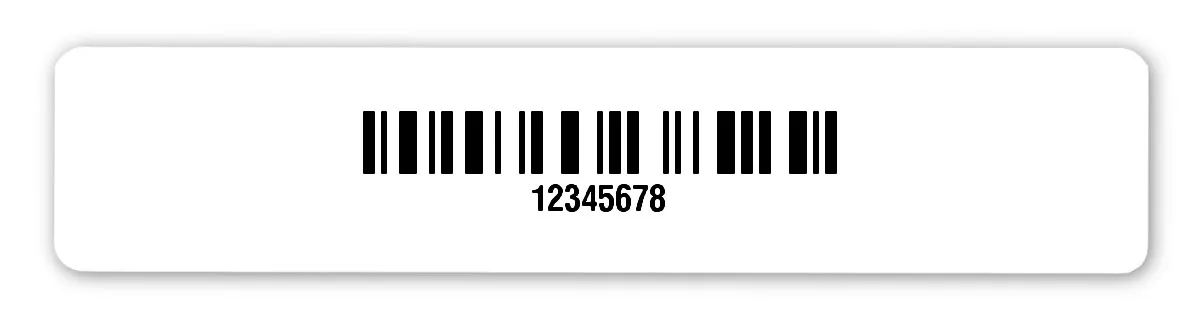 Universaletiketten Material:Polyethylen-Folie weiß matt opak Größe:77x16mm Kopfzeile:"ohne" Barcode:128C Stellenanzahl:8-stellig Ausführung:1 Etikette pro Nummer Menge:500