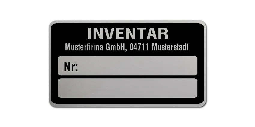 Inventaretiketten Material:Polyester-Folie Silberoptik matt Größe:45x25mm Kopfzeile:"Ihr Wunschtext" Stellenanzahl:ohne Menge:100