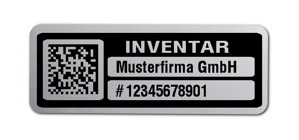 Inventaretiketten Material:Polyester-Folie Silberoptik matt Größe:40x15mm Kopfzeile:"Ihr Wunschtext" Barcode:DataMatrix Stellenanzahl:11-stellig Menge:1000
