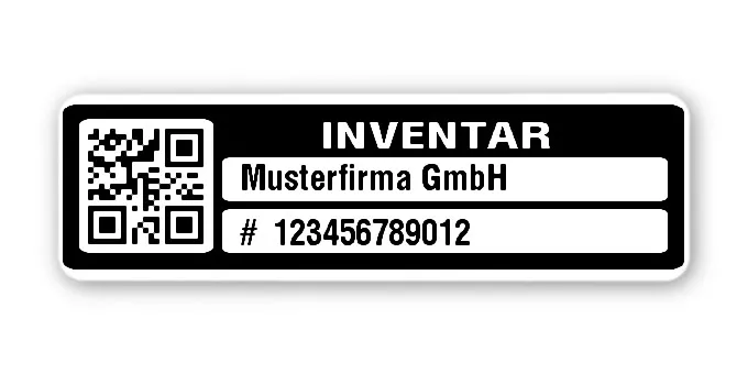 Inventaretiketten Material:Polyethylen-Folie hochglänzend weiß Größe:50x15mm Kopfzeile:"Ihr Wunschtext" Barcode:QR Stellenanzahl:12-stellig Menge:500