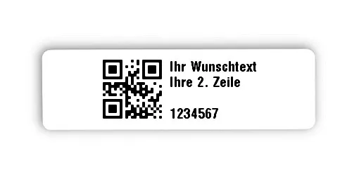 Universaletiketten Material:Folie hochglänzend weiß Größe:31x9mm Kopfzeile:"Ihr Wunschtext" Barcode:QR Stellenanzahl:7-stellig Ausführung:4 Etiketten pro Nummer Menge:1000