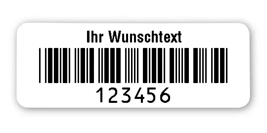 Inventaretiketten Universal Material:Folie weiß Größe:40x15mm Kopfzeile:"Ihr Wunschtext" Barcode:Code 39 ohne Prüfziffer Stellenanzahl:6-stellig Ausführung:1 Etikett pro Nummer Etiketten je Rolle:500