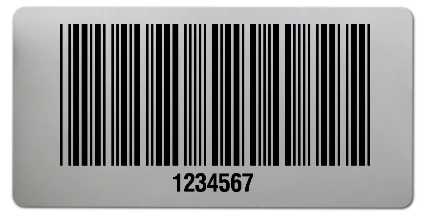 Universaletiketten Material:Polyester-Folie Silberoptik matt Größe:68x34mm Kopfzeile:"ohne" Barcode:Code 39 ohne Prüfziffer Stellenanzahl:7-stellig Ausführung:1 Etikette pro Nummer Menge:100
