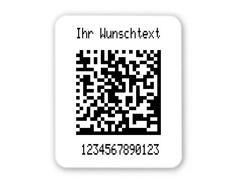 Produktbild:Universaletiketten Material:Folie weiß Größe:26x22mm Kopfzeile:"Ihr Wunschtext" Barcode:DataMatrix Stellenanzahl:13-stellig Ausführung:2 Etiketten pro Nummer Etiketten je Rolle:1000