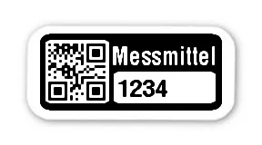 Prüfmitteletiketten Material:Folie weiß Größe:18x8mm Kopfzeile:"Messmittel" Barcode:QR Stellenanzahl:4-stellig Ausführung:1 Etikett pro Nummer Etiketten je Rolle:100