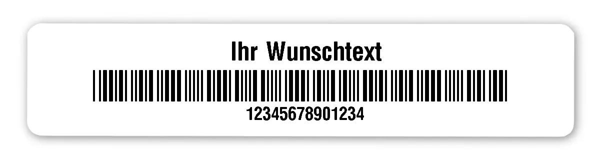 Universaletiketten Material:Polyethylen-Folie weiß matt opak Größe:77x16mm Kopfzeile:"Ihr Wunschtext" Barcode:Code 39 ohne Prüfziffer Stellenanzahl:14-stellig Ausführung:1 Etikette pro Nummer Menge:100