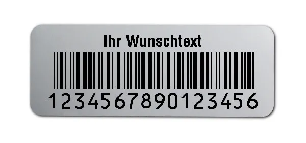 Universaletiketten Material:Folie silber matt Größe:40x15mm Kopfzeile:"Ihr Wunschtext" Barcode:2a5 interleaved Stellenanzahl:16-stellig Ausführung:2 Etiketten pro Nummer Menge:100