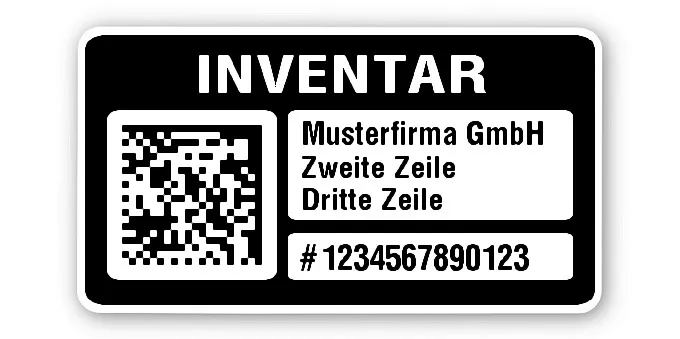 Inventaretiketten Material:Polyethylen-Folie hochglänzend weiß Größe:45x25mm Kopfzeile:"Ihr Wunschtext" Barcode:DataMatrix Stellenanzahl:13-stellig Menge:500