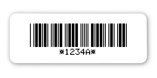 Universaletiketten Material:Folie hochglänzend weiß Größe:40x15mm Kopfzeile:"ohne" Barcode:Code 39 mit Prüfziffer Stellenanzahl:7-stellig Ausführung:4 Etiketten pro Nummer Menge:100