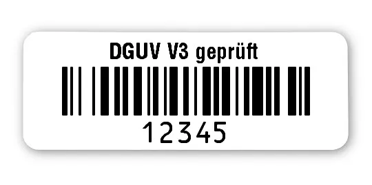 Prüfetiketten Material:Polyethylen-Folie hochglänzend weiß Größe:40x15mm Kopfzeile:"DGUV V3 geprüft" Barcode:128B Stellenanzahl:5-stellig Ausführung:1 Etikette pro Nummer Menge:1000