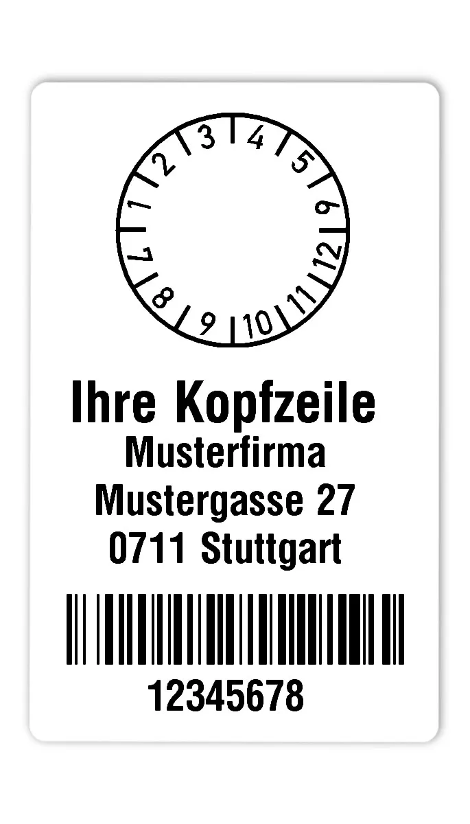 Prüfplakettenträger Material:Polyethylen-Folie hochglänzend weiß Größe:80x50mm Kopfzeile:"Ihr Wunschtext" Barcode:128B Stellenanzahl:8-stellig Ausführung:1 Etikette pro Nummer Menge:300