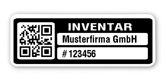 Inventaretiketten Material:Polyethylen-Folie hochglänzend weiß Größe:40x15mm Kopfzeile:"Ihr Wunschtext" Barcode:QR Stellenanzahl:6-stellig Menge:100