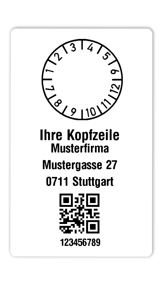 Prüfplakettenträger Material:Polyethylen-Folie hochglänzend weiß Größe:80x50mm Kopfzeile:"Ihr Wunschtext" Barcode:QR Stellenanzahl:9-stellig Ausführung:1 Etikette pro Nummer Menge:300