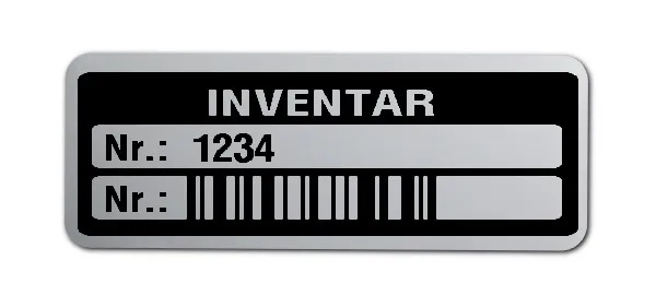 Inventaretiketten Material:Polyester-Folie Silberoptik matt Größe:40x15mm Kopfzeile:"Inventar" Barcode:128C Stellenanzahl:4-stellig Menge:100