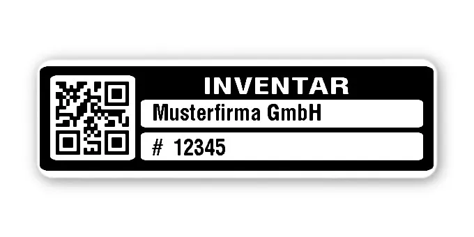 Inventaretiketten Material:Polyethylen-Folie hochglänzend weiß Größe:50x15mm Kopfzeile:"Ihr Wunschtext" Barcode:QR Stellenanzahl:5-stellig Menge:100