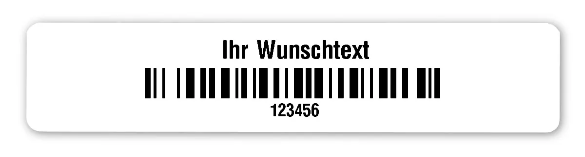 Universaletiketten Material:Polyethylen-Folie weiß matt opak Größe:77x16mm Kopfzeile:"Ihr Wunschtext" Barcode:128B Stellenanzahl:6-stellig Ausführung:1 Etikette pro Nummer Menge:1000