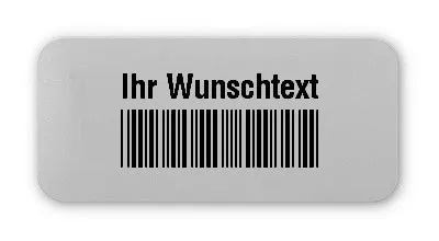 Universaletiketten Material:Folie silber matt Größe:26x12mm Kopfzeile:"Ihr Wunschtext" Barcode:Code 39 mit Prüfziffer Stellenanzahl:5-stellig Ausführung:2 Etiketten pro Nummer Menge:1000