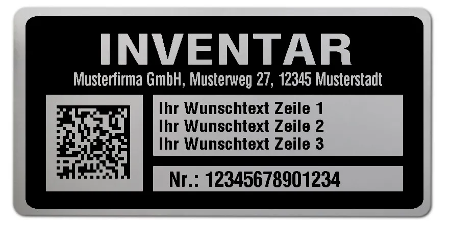 Inventaretiketten Material:Polyester-Folie Silberoptik matt Größe:68x34mm Kopfzeile:"Ihr Wunschtext" Barcode:DataMatrix Stellenanzahl:14-stellig Menge:1000