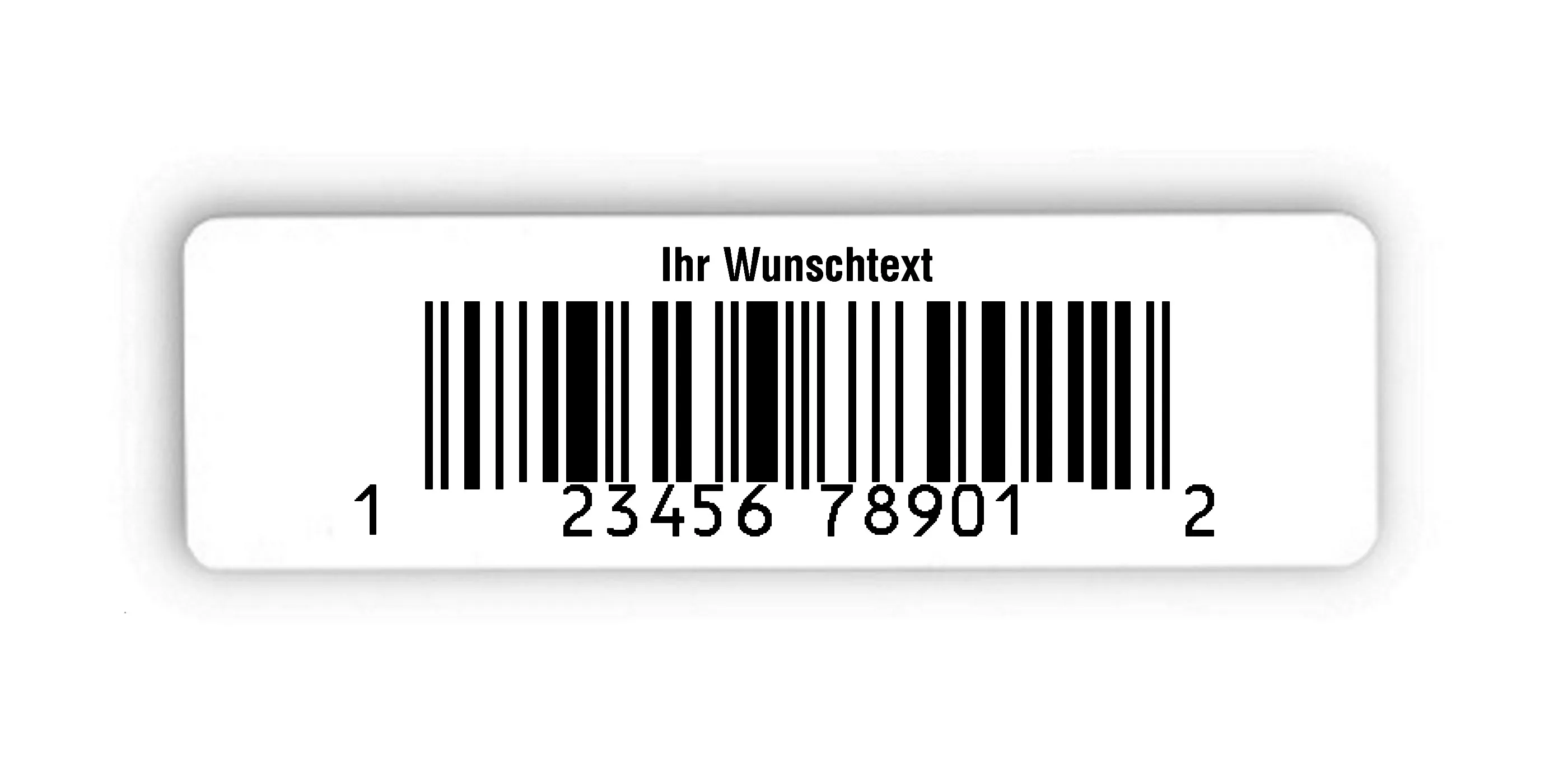EAN Etiketten Material:Polyethylen-Folie hochglänzend weiß Größe:150x50mm Produkt:EAN Etiketten Kopfzeile:"Ihr Wunschtext" Größe:150x50mm Barcode:UPC A Stellenanzahl:12-stellig Ausführung:1 Etikette pro Nummer Menge:1000