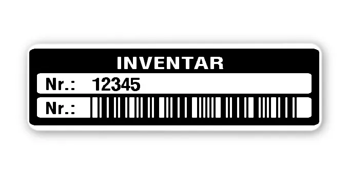 Inventaretiketten Material:Polyethylen-Folie hochglänzend weiß Größe:50x15mm Kopfzeile:"Inventar" Barcode:Code 39 ohne Prüfziffer Stellenanzahl:5-stellig Menge:1000