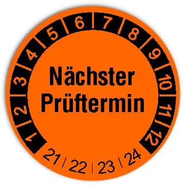 Prüfplaketten Material:Folie orange Größe:Ø 30mm Nächste Prüfung:2021 Barcode:ohne Stellenanzahl:ohne Ausführung:1 Etikette pro Nummer Menge:1000