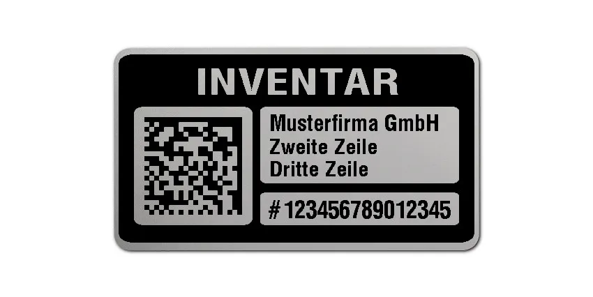 Inventaretiketten Material:Polyester-Folie Silberoptik matt Größe:45x25mm Kopfzeile:"Ihr Wunschtext" Barcode:DataMatrix Stellenanzahl:15-stellig Menge:1000
