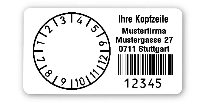 Prüfplakettenträger Material:Polyethylen-Folie hochglänzend weiß Größe:45x25mm Kopfzeile:"Ihr Wunschtext" Barcode:128B Stellenanzahl:5-stellig Ausführung:1 Etikette pro Nummer Menge:300
