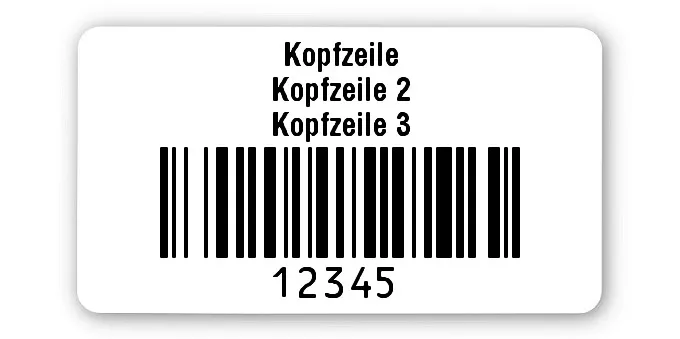 Archivierungsetiketten Material:Polyethylen-Folie hochglänzend weiß Größe:45x25mm Kopfzeile:"Ihr Wunschtext" Barcode:128B Stellenanzahl:5-stellig Ausführung:1 Etikette pro Nummer Menge:100