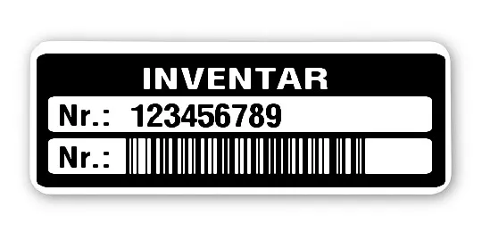 Inventaretiketten Material:Polyethylen-Folie hochglänzend weiß Größe:40x15mm Kopfzeile:"Inventar" Barcode:128B Stellenanzahl:9-stellig Menge:500